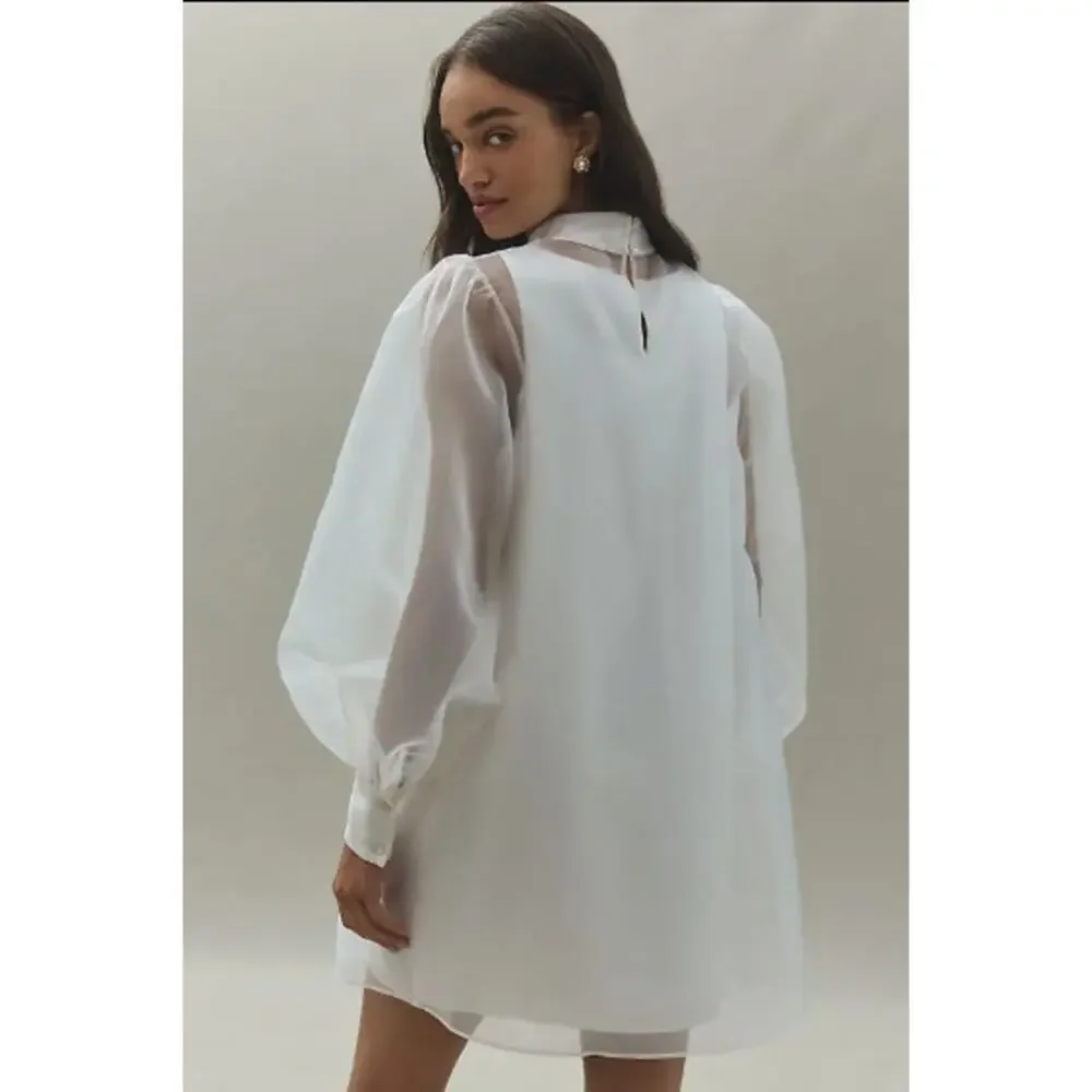 Mare Mare Long Sleeve Organza Overlay Mini Dress White High Neck Size Small - Picture 3 of 14